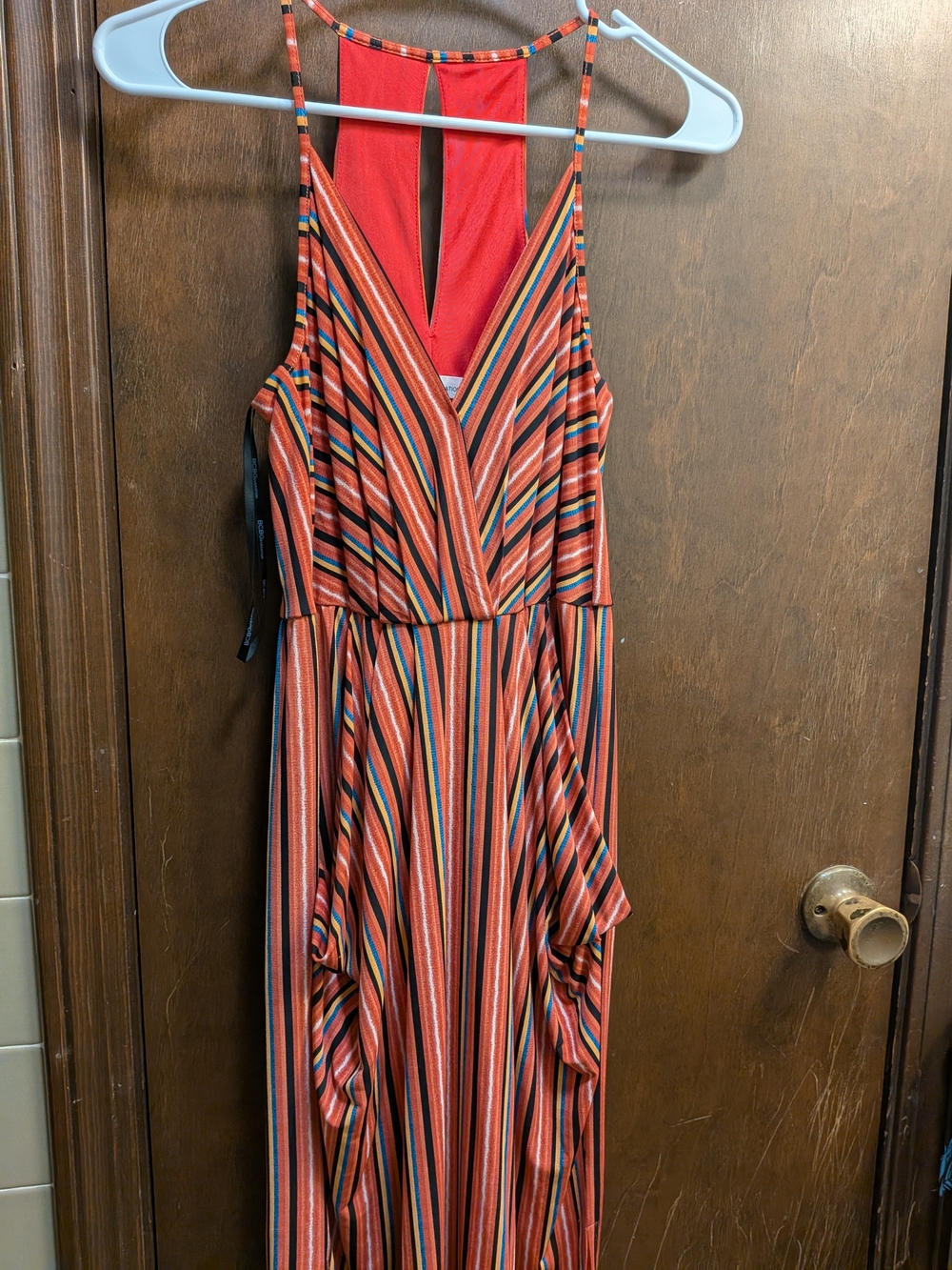 BCBGeneration Red Striped Spaghetti Strap Maxi Dress